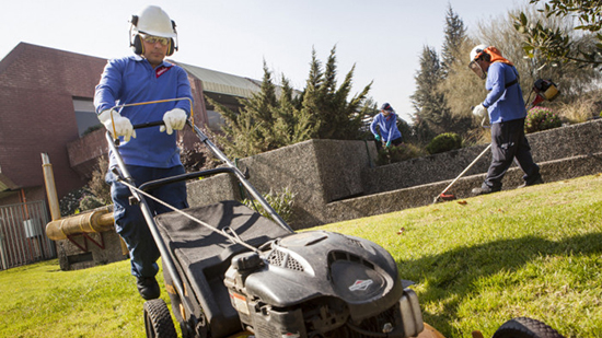 Le personnel d&#039;entretien de Sodexo Grounds tondant une pelouse et taillant des haies avec des vêtements de protection