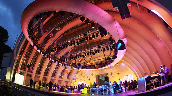 Hollywood bowl lit up at night