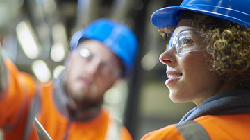 Two adults wearing high visibility jackets and hard hats talking