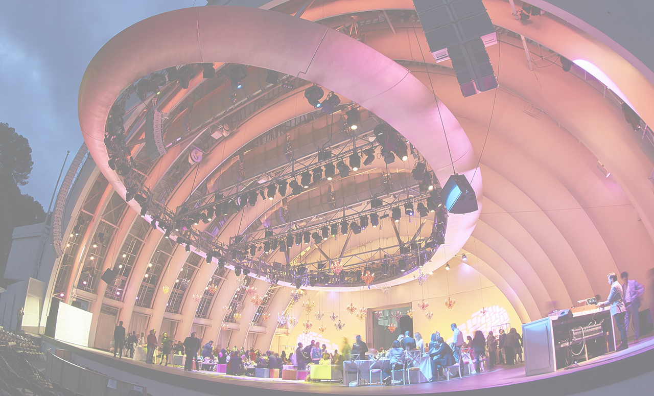 Hollywood bowl lit up at night